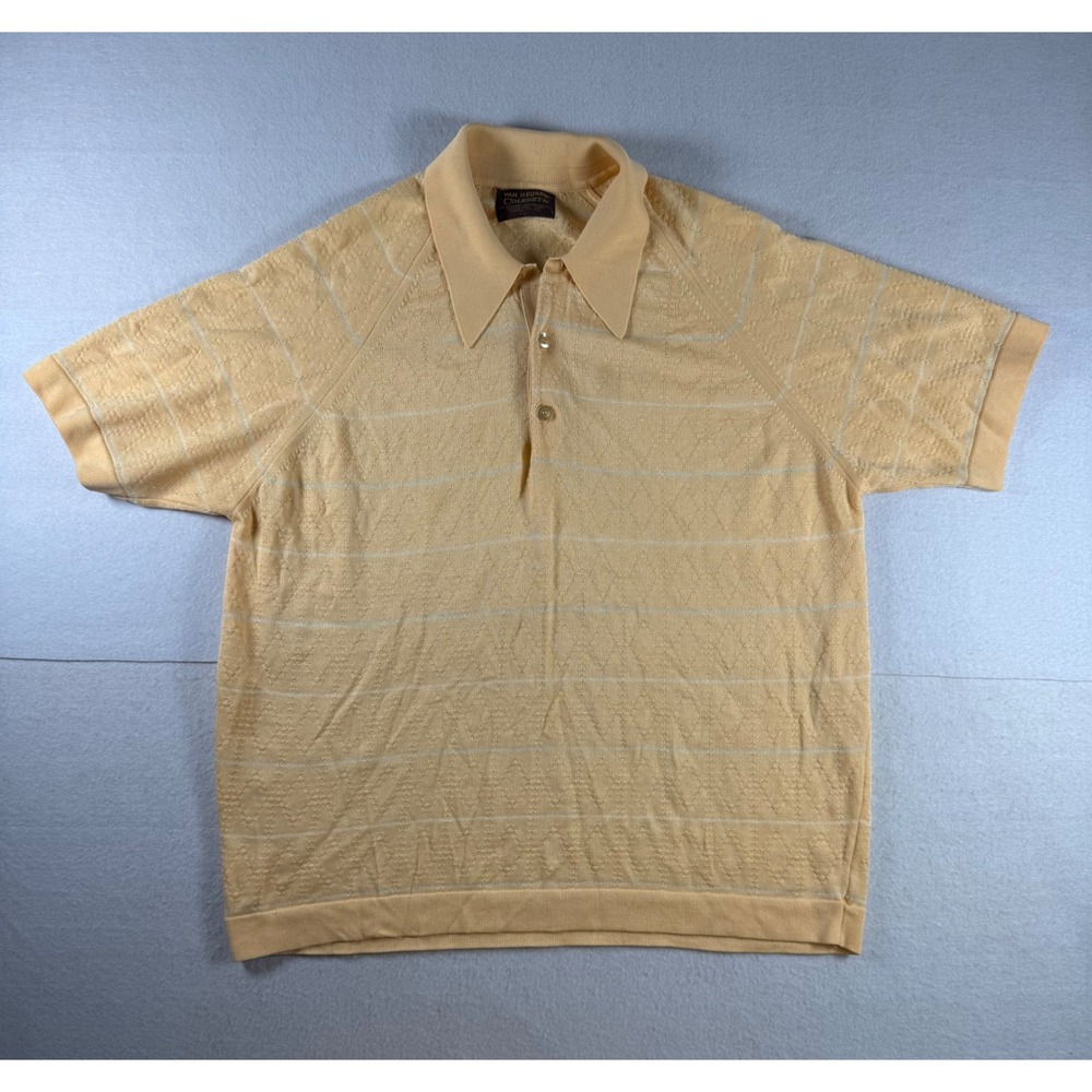Vintage Van Heusen Coleseta Knit Polo Shirt Peach Diamond Pointelle Mens Large